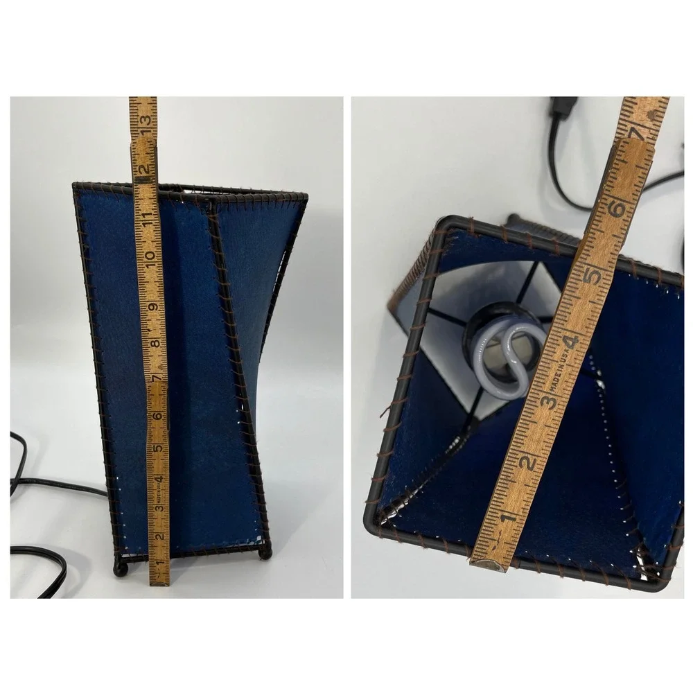 Vtg 90s Y2K Twisted Geometric Table Lamp Blue Rawhide‎ Stitched Shade  Skin Lamp